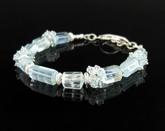 Lush aquamarine bracelet, 925 silver,, light blue gemstones, beryl, gift for you, OOAK