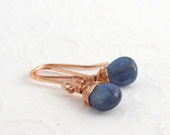 Small blue Kyanite earrings, pink goldfilled, sterling silver, small drops earrings, summer earrings, delicate gemstone earrings