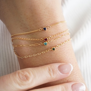 Tiny Birthstone Heart Bracelet, Personalized Gift, Minimalist Heart Bracelet, Birthstone Gift, Valentines Day Gift, Dainty Bracelet, Couples