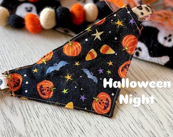 Halloween Night - Reversible, Over the Collar Dog Cat Bandana | Pet Costume, Slip on Bandana, Sparkly Halloween Bandana, Spooky