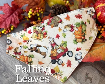 Falling Leaves – Reversible, Over the Collar Dog Cat Bandana | Fall Dog Bandana, Slip On Bandana, Autumn Pumpkins & Leaves, Thanksgiving Pet