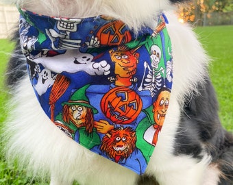 Monster Bash Reversible Bandana | Spooky Halloween Monsters Dog & Cat Bandana, Over the Collar Slip-On Costume