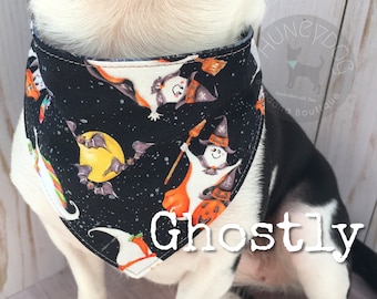 Halloween Dog Bandana Cat Bandana | Reversible Over the Collar Pet Costume, Slip On Bandana, Spooky Ghost Bandana
