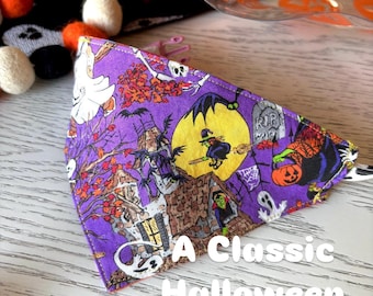 A Classic Halloween - Reversible, Over the Collar Dog Cat Bandana | Pet Costume, Slip on Bandana, Purple Pumpkin Halloween Bandana, Vintage
