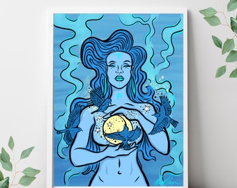 Blue Bird Wall Art Blue Bird Art Print Indigo Wall Art Femininity Art Print Feminine Goddess Art Female Figure Wall Art BlueBird Art Decor