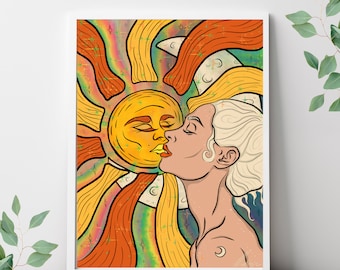 Sun and Moon Dance Art Print - Spiritual Boho Wall Art