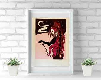 Wolfmother Linocut Print, Women Who Run With Wolves Art (11x14)