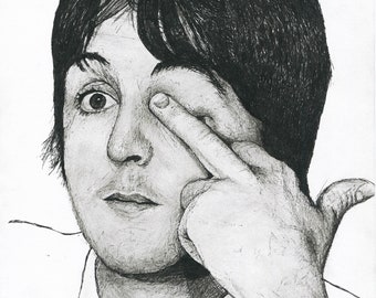 Paul McCartney Pen Drawing Portrait: Middle Finger Fan Art Print