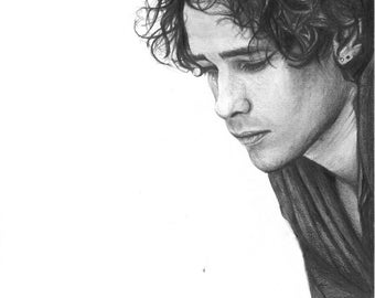 Jeff Buckley Grace black and white charcoal pencil portrait drawing tribute fan art print poster wall decor