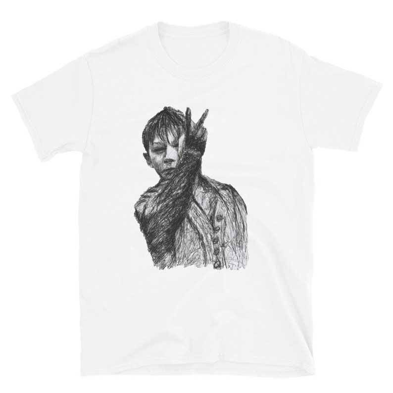 May include: A black and white sketch of a person with their hand raised in a peace sign, covering one eye. The person is wearing a jacket and has short hair.