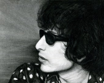 Bob Dylan 60s blonde on blonde era folk music art charcoal portrait polka dot black and white print wall decor