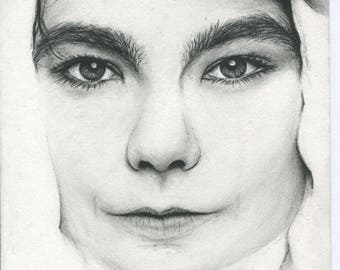 Bjork Portrait Print: Black and White Charcoal Drawing