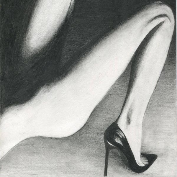 Legs black and white charcoal drawing erotic art high heel stiletto print poster wall decor