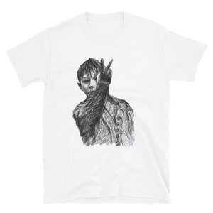 May include: A black and white sketch of a person with their hand raised in a peace sign, covering one eye. The person is wearing a jacket and has short hair.