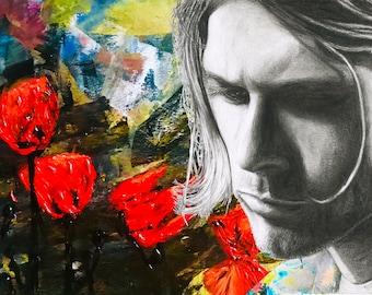 Kurt and Poppies! A combination of my charcoal portrait of Kurt Cobain of Nirvana and my acryllic poppies painting print wall decor