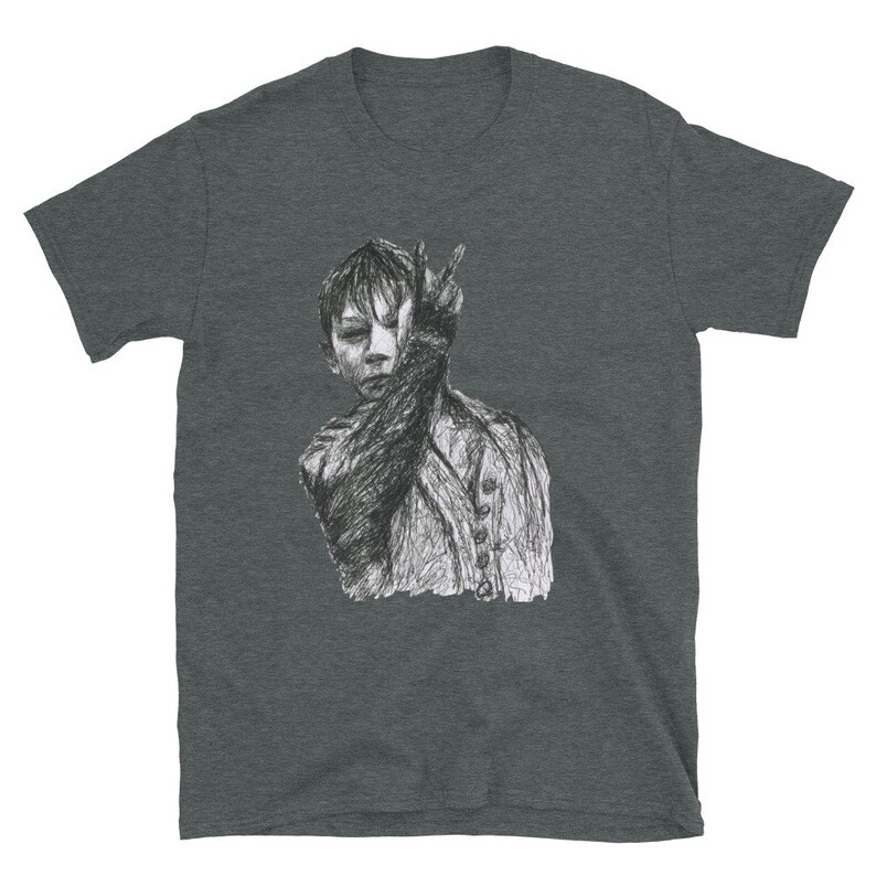May include: A dark gray t-shirt with a black and white line drawing of a person with their hand covering their face.
