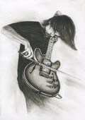 Johnny Greenwood from RADIOHEAD charcoal portrait pencil drawing black and white print wall decor