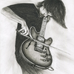 Johnny Greenwood from RADIOHEAD charcoal portrait pencil drawing black and white print wall decor