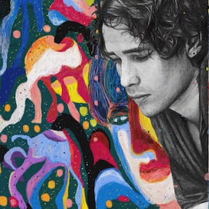 Jeff Buckley "Forget Her" lápiz de carbón en blanco y negro retrato dibujo abstracto en color versión tributo fan art print