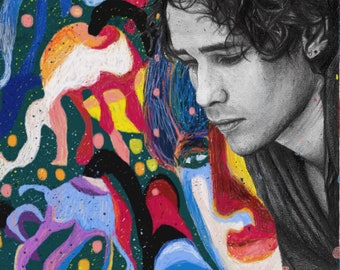 Jeff Buckley "Forget Her" black and white charcoal pencil portrait drawing abstract colour version tribute fan art print