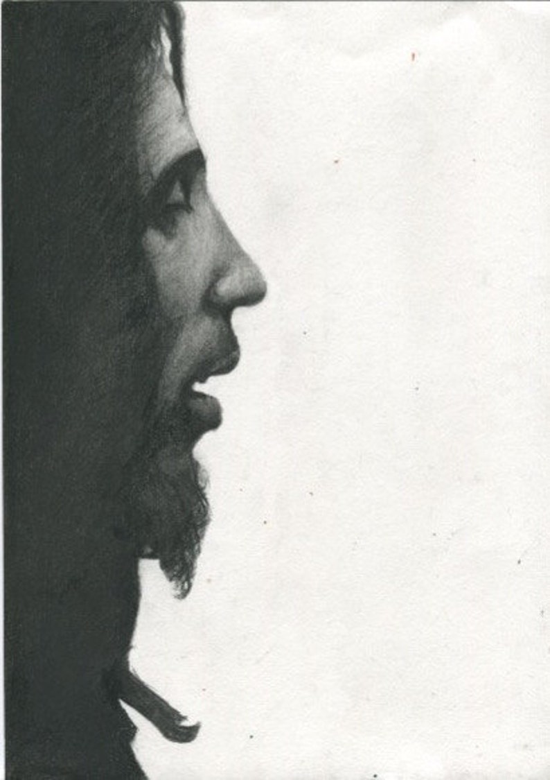 May include: A black and white pencil drawing of a person's face in profile. The person has long hair and a beard. The drawing is on a white background.