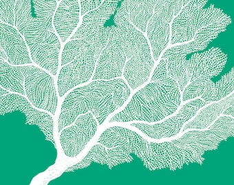 Seafan Inverted Sea Green, Freehand, Ink Drawing, Signed, Numbered, Limited Edition Giclee Print on Fine Art paper