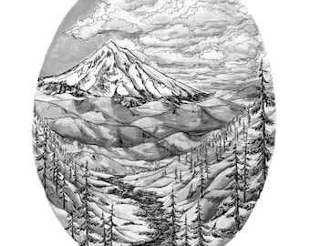 Mount Hood Oval Landscape Mixed Media, India Inks + Pen and Ink, Signed, Numbered Limited Edition Print in Black and White or Color