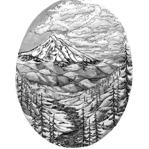 May include: Monochrome ink drawing of a mountain scene in an oval. A snow-covered peak is central, with undulating hills and a river in the foreground. The sky features detailed clouds, and evergreen trees frame the sides of the landscape.