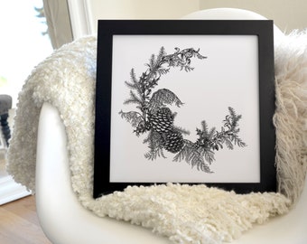 Yule Wreath Freehand Ink Drawing, Signed, Numbered, Limited Edition Giclee Print on Fine Art paper