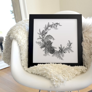 Yule Wreath Freehand Ink Drawing, Signed, Numbered, Limited Edition Giclee Print on Fine Art paper