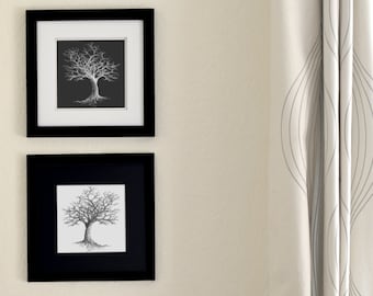 Winter Tree Duo Freehand Ink Drawing Limited Edition Print Set of Two, Signed, Numbered, 8 in x 8 in