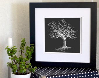 Winter Tree Inverted Freehand Ink Drawing Limited Edition Print, Signed, Numbered 8 in x 8 in