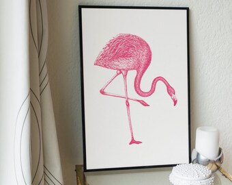 Coral Pink Flamingo Freehand Ink Drawing Limited Edition Print