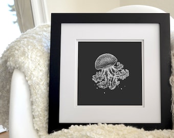 Jellyfish Inverted Freehand Ink Drawing Limited Edition Print, Signed Numbered 8" x 8"