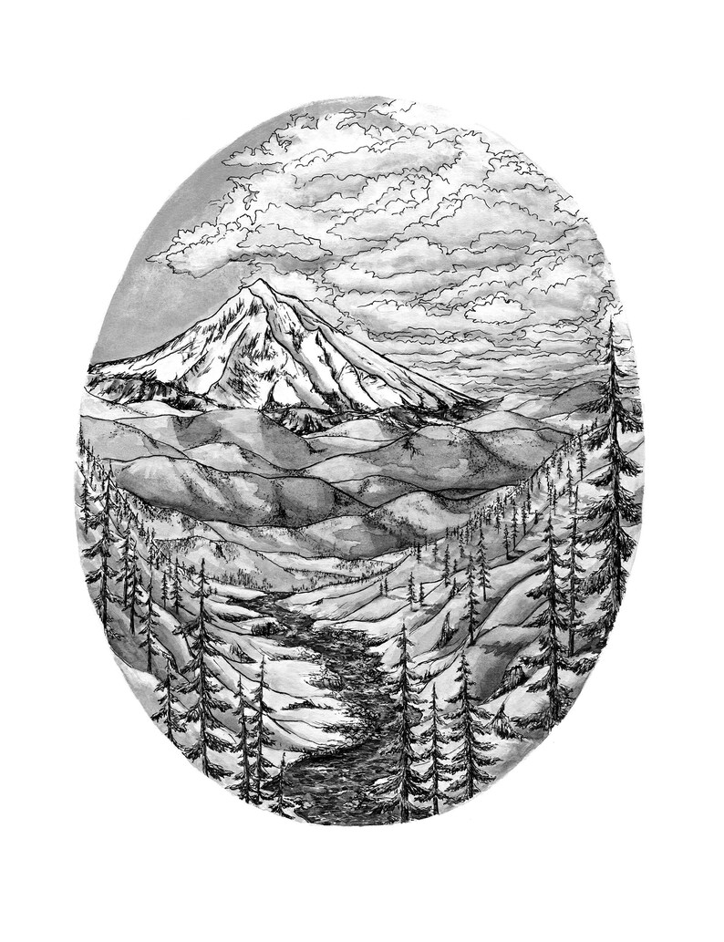 May include: Monochrome ink drawing of a mountain scene in an oval. A snow-covered peak is central, with undulating hills and a river in the foreground. The sky features detailed clouds, and evergreen trees frame the sides of the landscape.