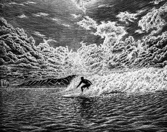 Surfer Inverted Freehand Ink Drawing, Signed, Numbered, Limited Edition Giclee Print on Fine Art paper