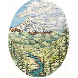 Paisagem oval de Mount Hood, técnica mista, tintas da Índia + caneta e tinta, assinada e numerada, impressão de edição limitada em preto e branco ou colorida