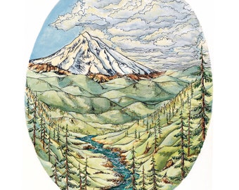 RESERVED*******Custom sized Mount Hood Landscape Print: Signed Limited Edition India Ink Art. 12.5x15.75” image on 13x19” paper