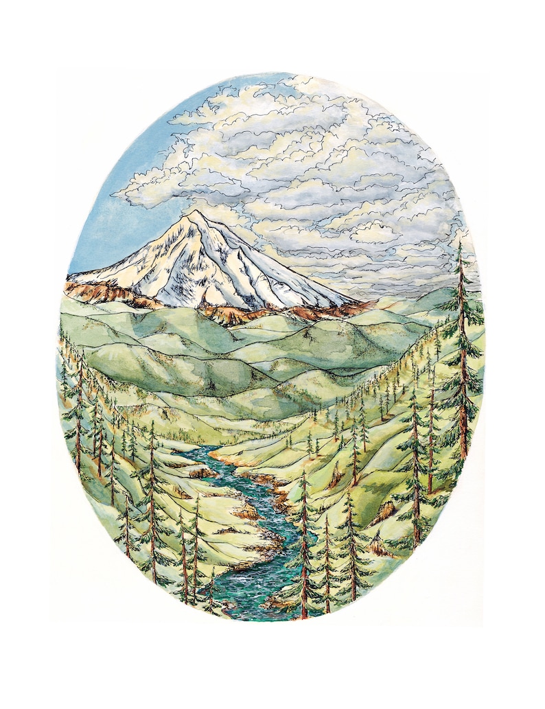 May include: Watercolour painting of a mountain landscape in an oval frame. A snow-covered mountain is under a cloudy sky. A river flows through a valley of green hills and evergreen trees.