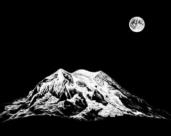 Moonlit Mountain - Tahoma - Mt Rainier - Freehand Ink Drawing, Signed, Numbered, Limited Edition Giclee Print on Fine Art paper