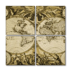 May include: A vintage world map print divided into four sections, each showing a different continent. The map is in shades of brown and beige, with a decorative border and a celestial scene in the top corners. The map is titled "World" and includes the text "Terra Incognita" in the bottom right corner.