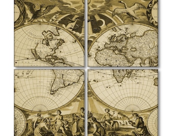 Juego de 4 posavasos de cerámica personalizados con monograma de 10 x 10 cm (4 x 4 pulgadas), revestimiento transparente y base de corcho - Mapa del Viejo Mundo