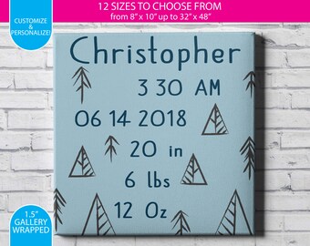 Baby Announcement / Blue Trees Design / Gallery Wrapped Canvas Wall Art / Custom / Any Color Any Font / Bedroom Decoration /Canvas Print