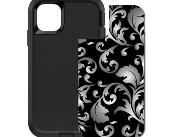 Custom Personalized Skin/Decal for OtterBox Defender Case - Apple iPhone Samsung Galaxy - Silver Black White Floral