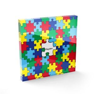 Acrylic Block Print Autism Awareness Puzzle Pieces Personalized Photo Frame CUSTOM Photo Block Any Font, Any Color Picture Frame image 3