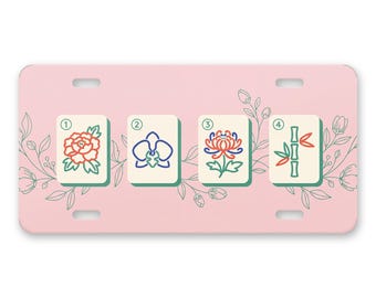 Mahjong Flower Tiles License Plate, Blush Botanical Front Tag