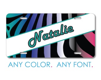Green Purple Pink Black Zebra Skin Stripes License Plate, Personalized Front Car Tag, Custom Vanity Plate for Car Truck SUV, 12 x 6 Aluminum