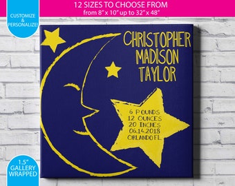 Baby Announcement / Moon and Stars / Gallery Wrapped Canvas Wall Art / Custom / Any Color Any Font / Bedroom Decoration /Canvas Print