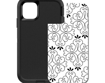 Custom Personalized Skin/Decal for OtterBox Defender Case - Apple iPhone Samsung Galaxy - Black White Floral Pattern