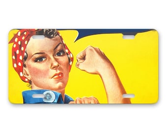 Placa de matrícula Rosie the Riveter, placa frontal personalizada para coche, placa decorativa a medida para coche, camión o SUV, aluminio de 12 x 6 pulgadas.